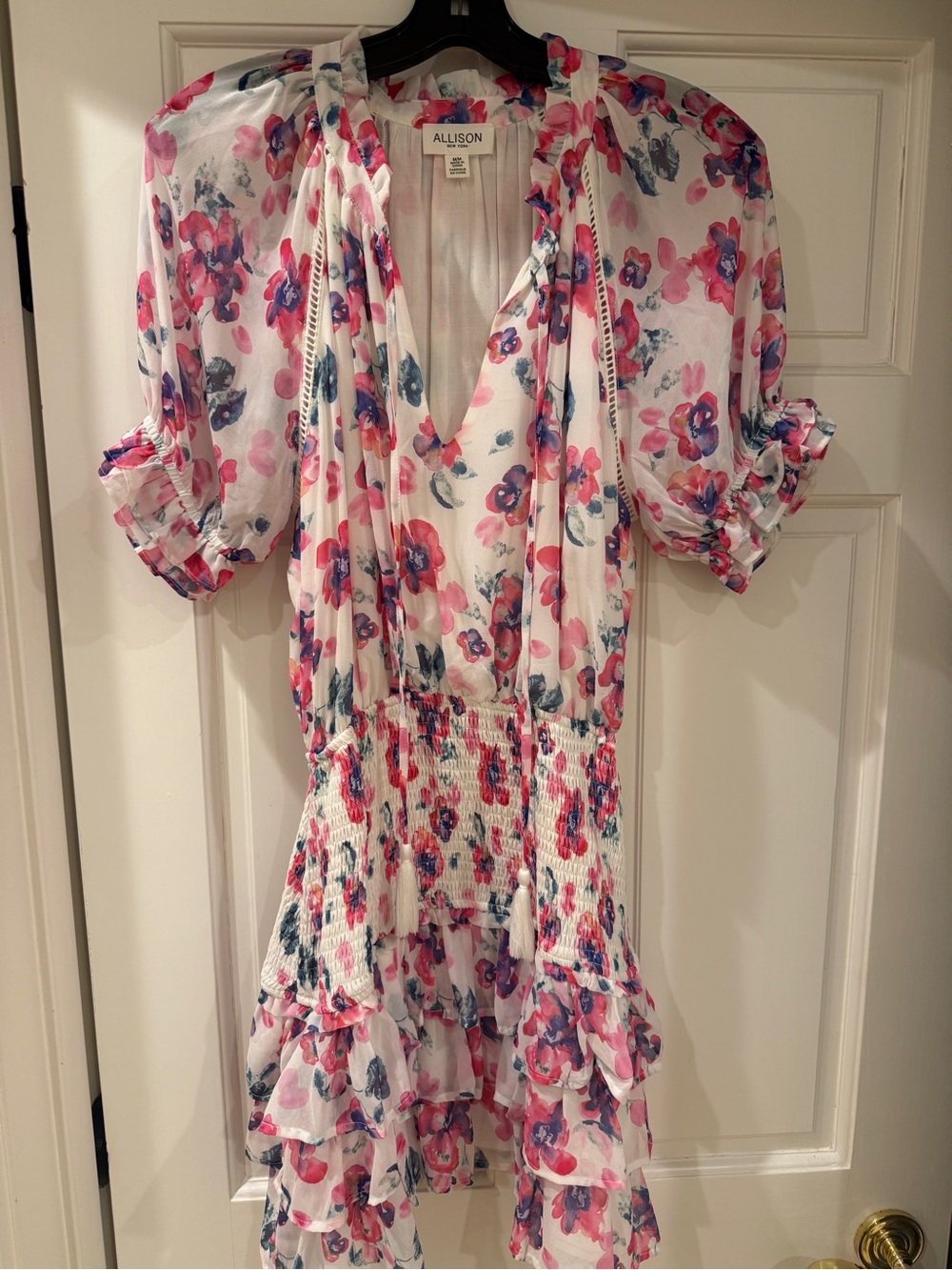 Allison Clothing Pink and Blue Floral Tiered V-Neck Dress